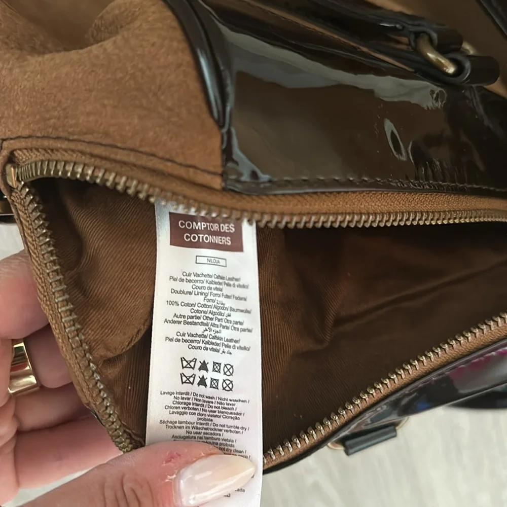 COMPTOIR DES CONTONNIERS CHOCOLATE BROWN SUEDE & PATENT LEATHER TRIM HAN… - Picture 5 of 8